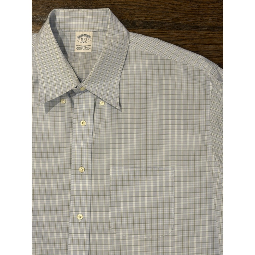 Brooks Brothers Button Shirt Mens Slim 18-6/7 Blue Check Long Sleeve Button Down